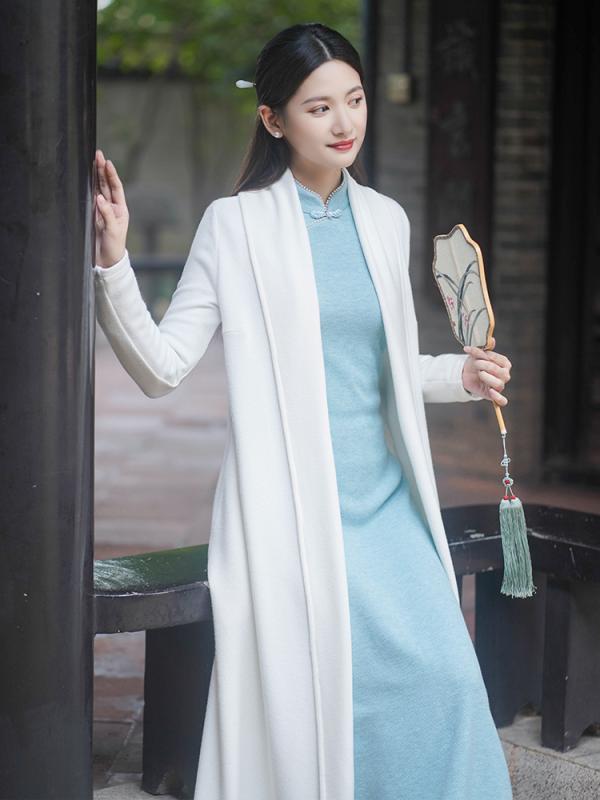 ドレス 秋冬 チャイナ 中華風 レディース 中国 唐装 漢服 白 ロング 瞑想 茶師服 チャイナ アウター｜セキュアデポ