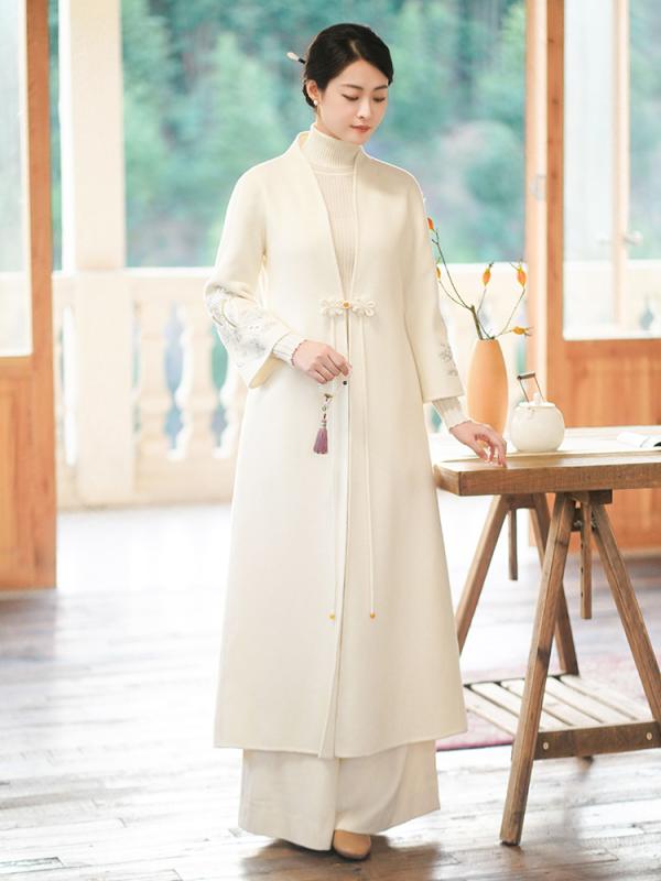 コート レディース 秋 冬 ウール ファッション エスニック [ Xinghua Ruxue ] 両面 女性 ロング 白 刺繍 唐 スーツ 中華風