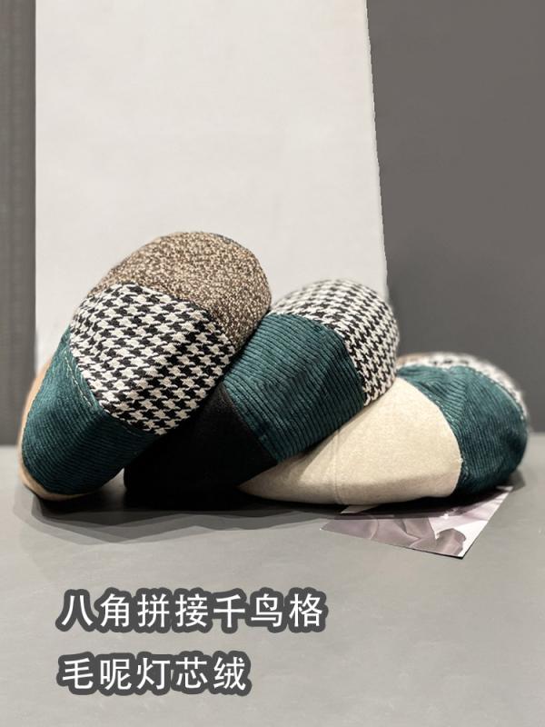 秋 冬 ウール ベレー 帽 レトロ 韓国 スプライス チェック柄 女性用 暖かい 顔 優しい 小さい エレガント ペター ハット