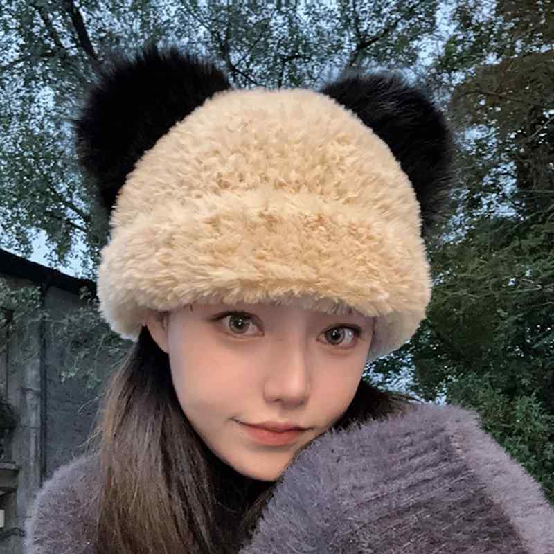 秋 冬 ニット ウール 帽 韓国 甘くて かわいい 大きい 頭 耳 帽 女性用 厚手 暖かい 小さい 帽子 顔 見せ