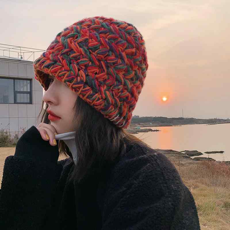 秋 冬 ニット ウール 帽 女性用 厚手 フィッシャーマン ハット 和風 無地 手編み 小さい バケット ハット