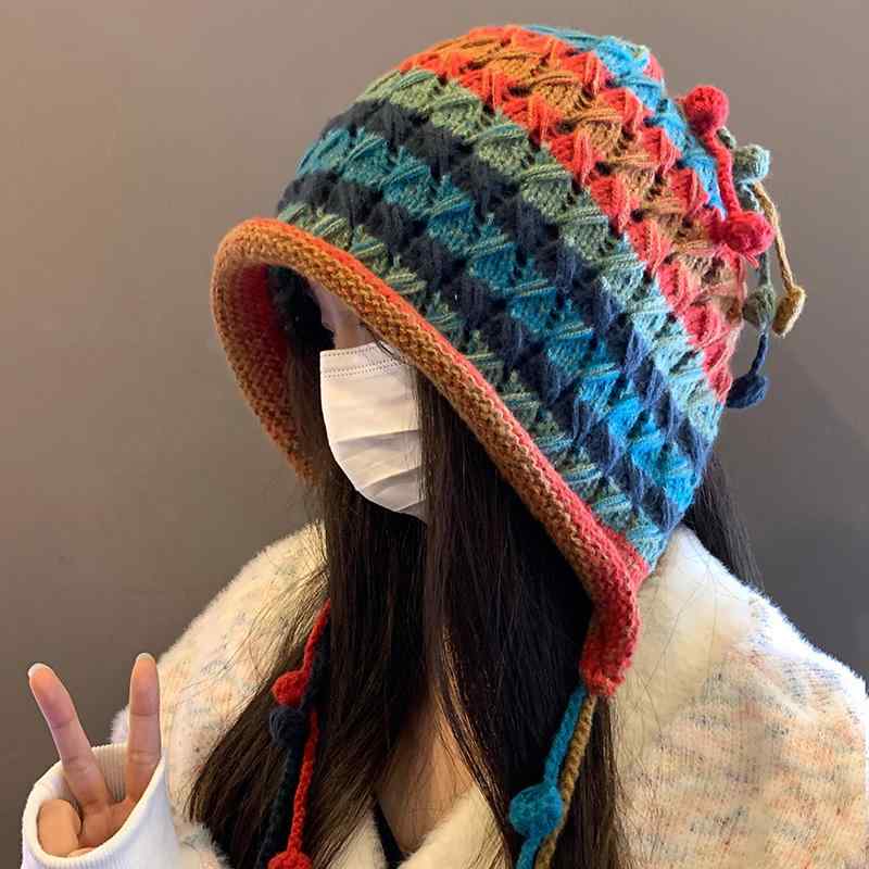 秋 冬 ニット ウール 帽 カラフル タッセル 女性用 大きい 頭囲 帽 小さい 韓国 帽子 す