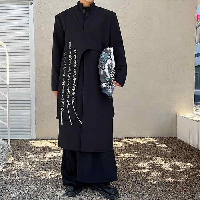 ジャケット メンズ 中華風 書道 ダーク 不規則 構造 風 ウドブレーカー レトロ ミドル 丈