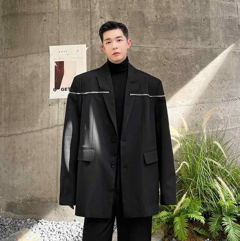 ジャケット メンズ 韓国 東大門 スーツ 重 金属 ジッパー ショルダーパッド ブラック スーツ｜セキュアデポ