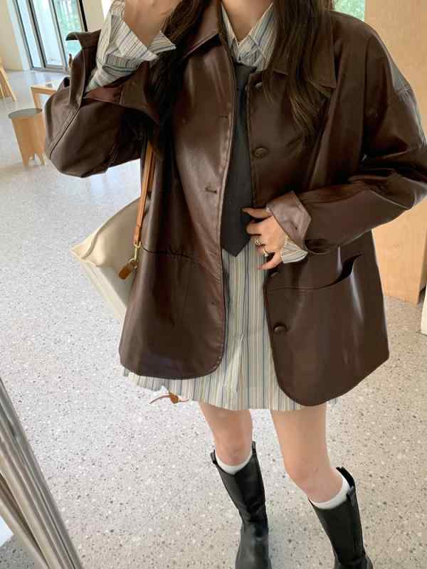 ジャケット レディース 秋 春 ファッション ブラウンカラー スリム 小さい 香り レザー 女性 Pu レザー ブラウン