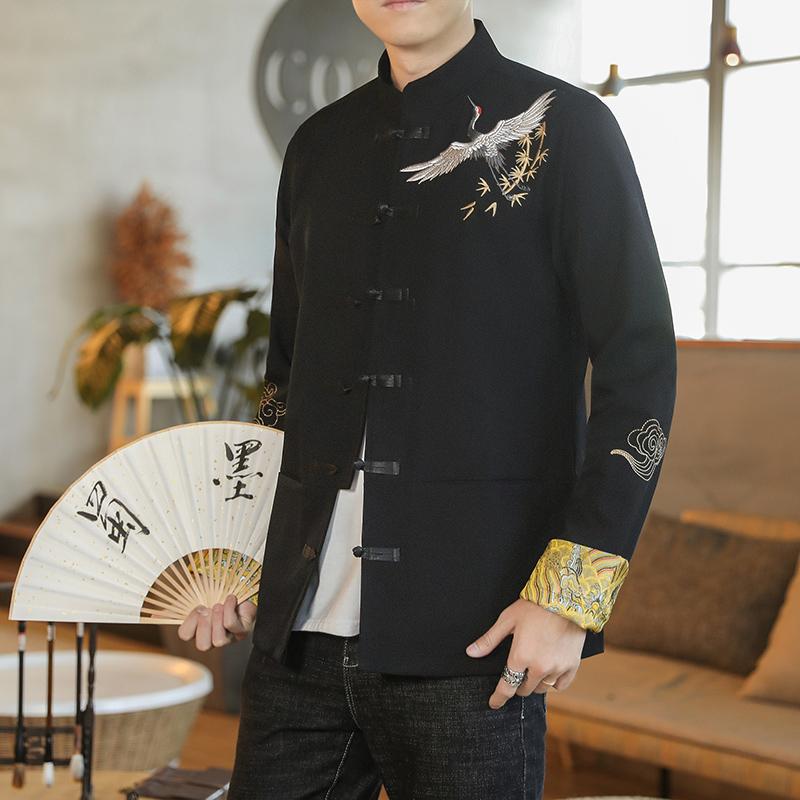 ジャケット メンズ アウター 中華風 唐装 プレート ボタン 中国 エスニック 鶴 刺繍大 サイズ レトロ 中国 チュニック スーツ 男性