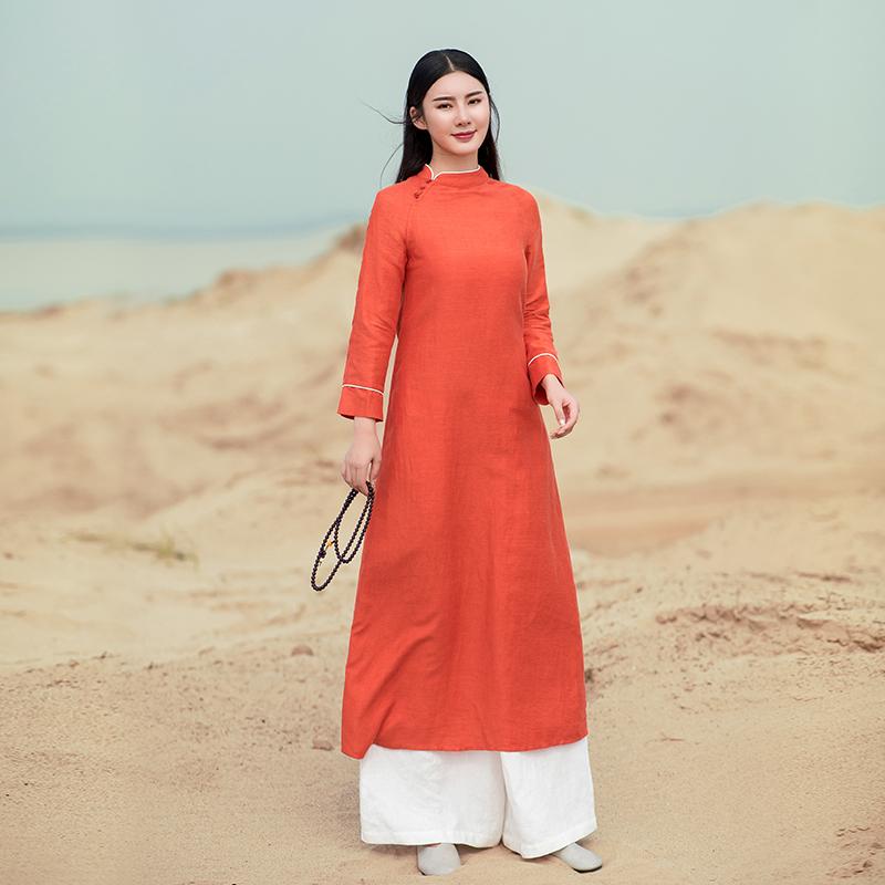 お召しもの レディース 秋 春 瀬戸もの服 アオザイ 中華風 中国 綿 リネン アオザイ 瀬戸もの お上さん 真っただ中 丈 レトロ 思いいれる服 茶師服