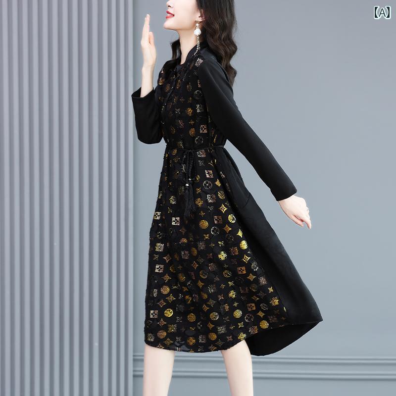 レディース 長袖 ドレス 秋 感 スカート 大きめサイズ レディース ワンピース ゆったり スリム見え エレガント 上品