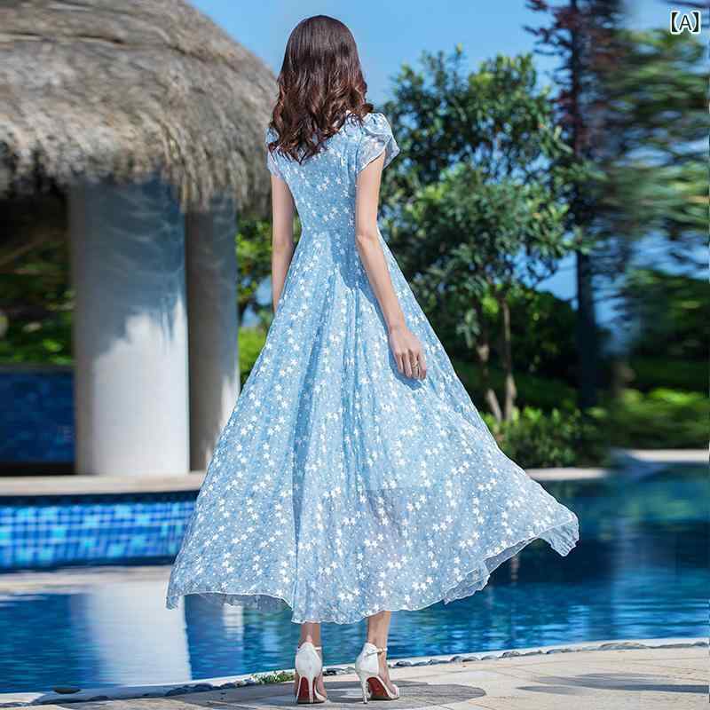 ワンピース さわやか 花柄 シフォン 夏ドレス 夏 ブルー ロング丈 半袖 スリム見え プリント スカート レディース
