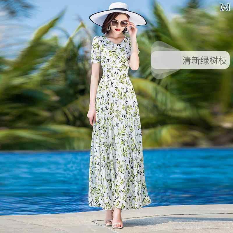 ワンピース シフォン ロング スカート レディース Vネック 夏ドレス 半袖 スリム見え ハイウエスト パフスリーブ