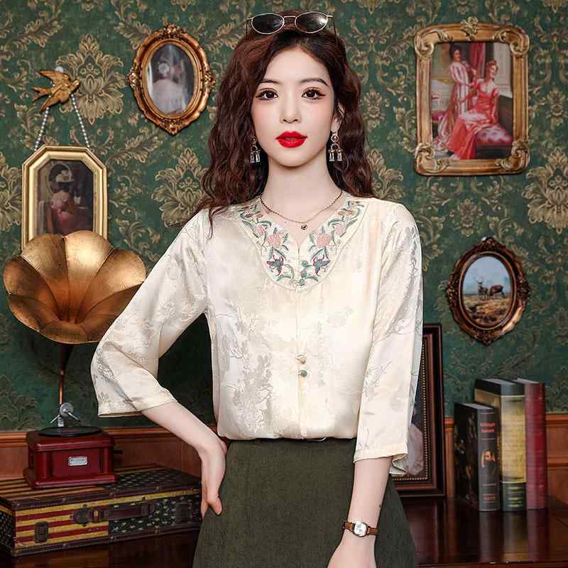 トップス シャツ レディース ブラウス カジュアル きれいめ 婦人服 マザーズ 春夏 チュール ジャカード 女性 七分袖 刺繍 中華風|セキュアデポ