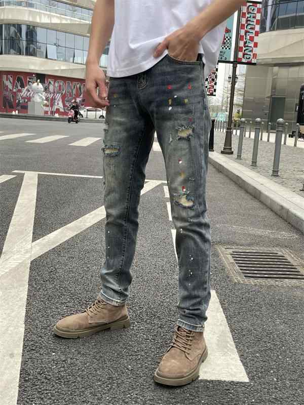 パンツ デニムパンツ メンズ 春秋 レトロ ジーンズ ファッション スリムフィット カジュアル 夏 ストレッチ ノスタルジア 穴 スプラッシュ インク