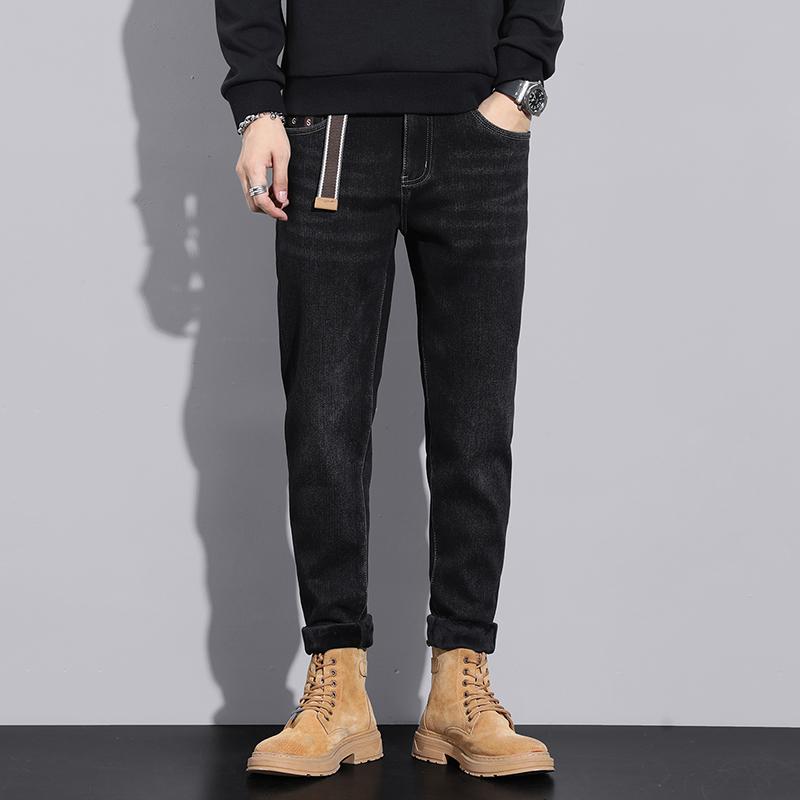 パンツ デニムパンツ メンズ ベルト 厚手 ベルベット ジーンズ マイクロ ストレッチパンツ スリムフィット 裾細 春秋 ブラック