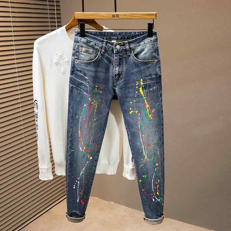 デニムパンツ メンズ スキニー スプラッシュ ペイント デニムパンツ メンズ スキニー ブルー アメリカ 春秋 若々しい スリムフィット 弾性 裾細 ジーンズ
