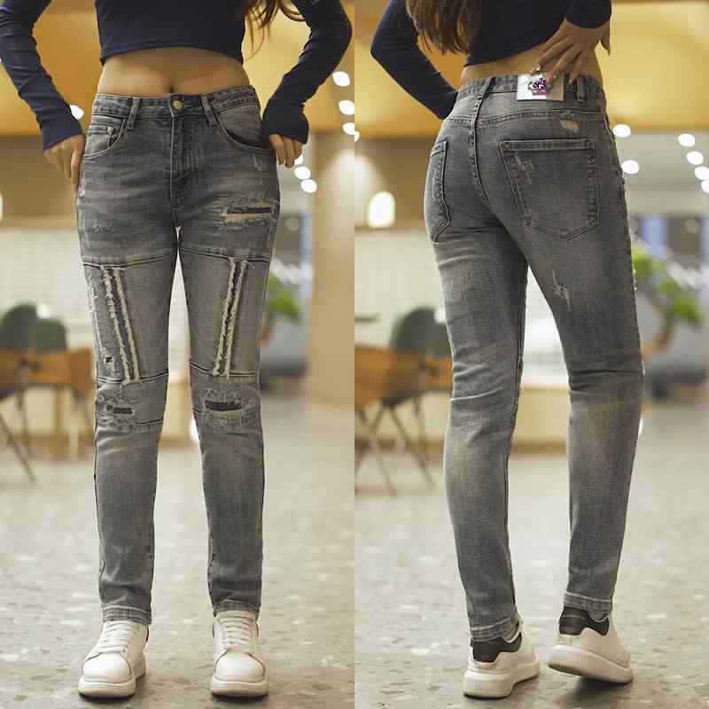 パンツ デニムパンツ ジーパン メンズ レディース アウトドア ズボン 春 淡い 色 ジーンズ 弾性 スプライシング パッチ カジュアル パッチ リップ