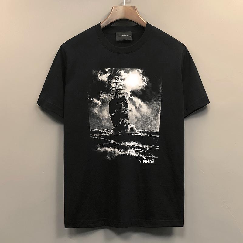トップス シャツ Tシャツ かっこいい メンズ レディース アメリカ ストリート ファッション 射 出 プリント ヨット 綿 カップル 半袖 夏