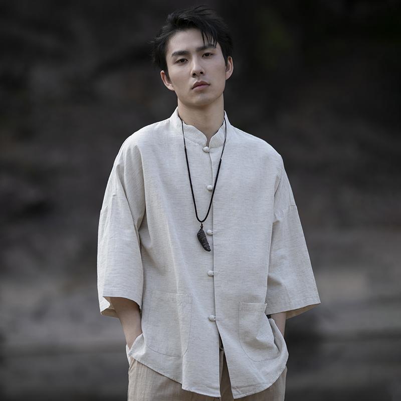 シャツ トップス シャツ メンズ レトロ チャイニーズ スタイル かっこいい リネン 中山 七分袖 唐 スーツ 綿 リネン カジュアル 薄手 夏