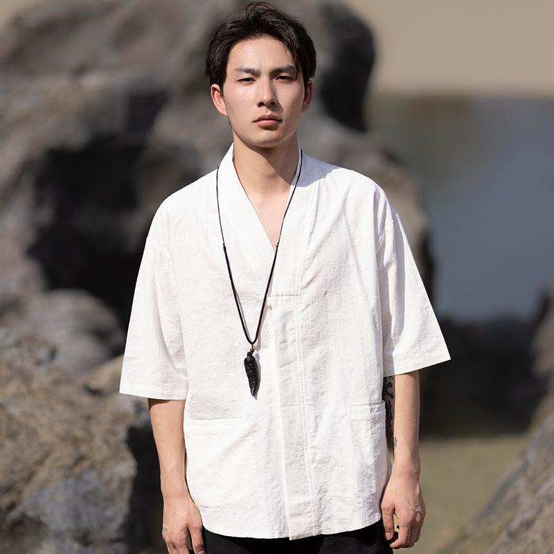 シャツ トップス シャツ メンズ チャイニーズ スタイル 半袖 夏 v ネック 唐装 バックル レトロ 綿 リネン Tシャツ