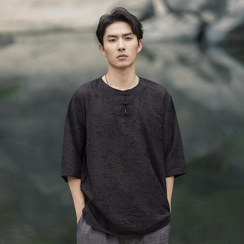 シャツ トップス シャツ メンズ チャイニーズ スタイル 半袖 夏 綿 リネン プレート ボタン スタンドカラー Tシャツ 冷感 唐装