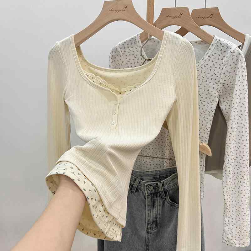 トップス シャツ レディース 女性用 フェイク ツーピース スプライス 花柄 長袖 レイヤリング 秋冬 ユニーク カジュアル ホット