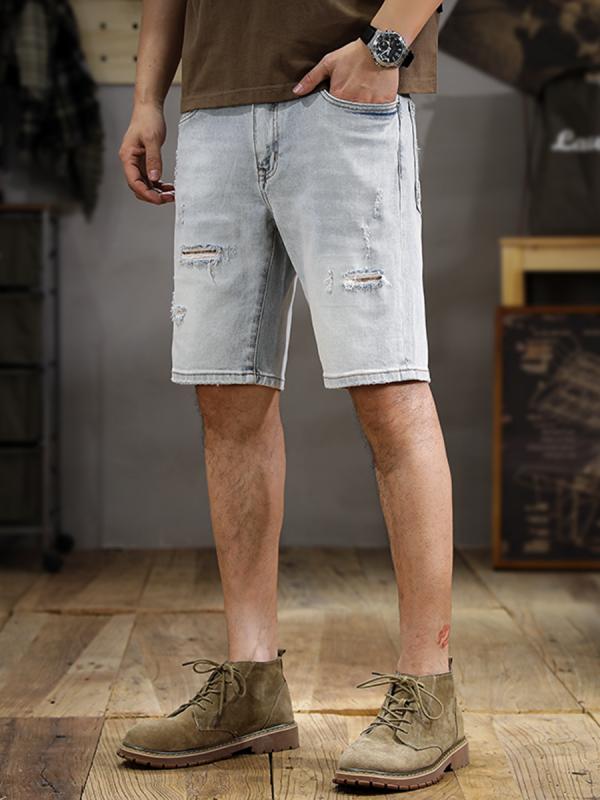 パンツ デニムパンツ メンズ 夏用 薄手 破れた デニム ショート ストレート ウォッシュ ライト カラー レトロ ストレッチ カジュアル