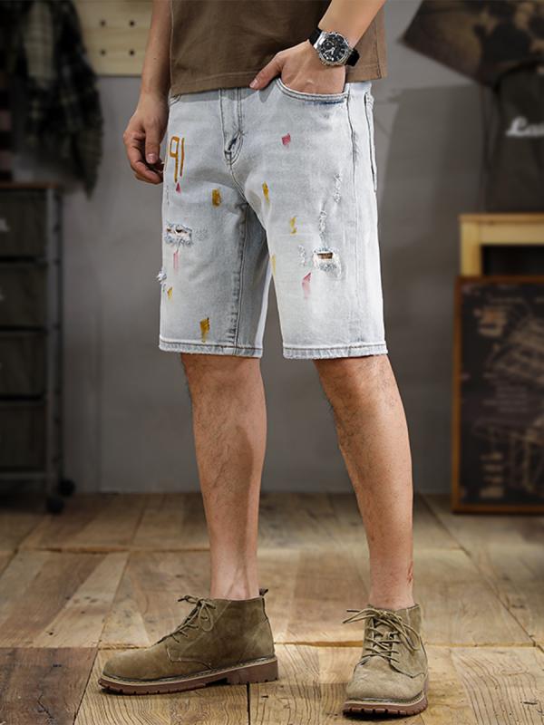 パンツ デニムパンツ メンズ 夏用 薄手 ストレート リップド デニム ショート アメリカン レトロ スプラッシュ インク ストレッチ ミッド