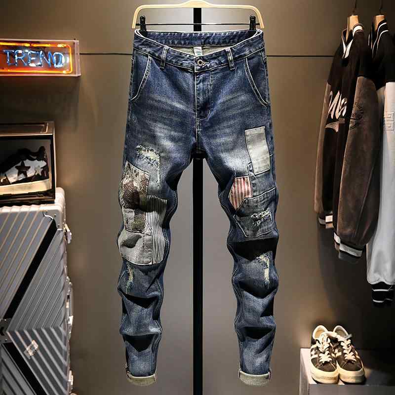 パンツ デニムパンツ スキニー スリムフィット おしゃれ スタイリッシュ メンズ スプライシング コントラスト パッチパンツ ジーンズ 秋冬 リップド
