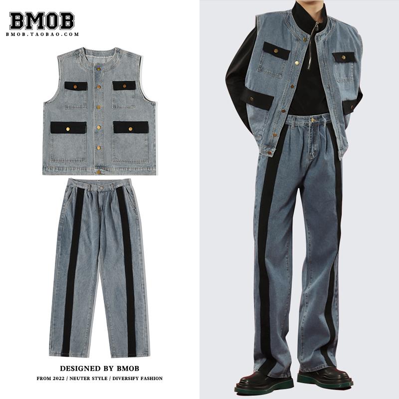 ジャケット パンツ メンズ デニム カジュアル セットアップ デニム ベスト ワイド レッグ ストレート ストリート スーツ メンズ デニム 高級感
