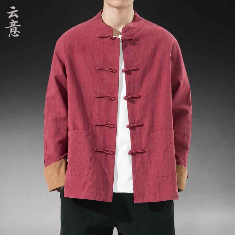 トップス 上衣 メンズ 烏兎 中華風 綿 リネン 唐 背広 中国 レトロ バックル 漢服 上着 背広 モンク 背広