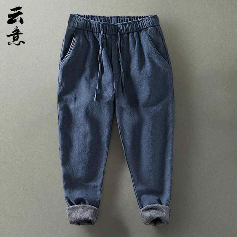 パンツ メンズ ズボン ゆったり カジュアル 快適 中華風 冬 レトロ 裏起毛 暖かい ストレート コットンリネン ラミー フット