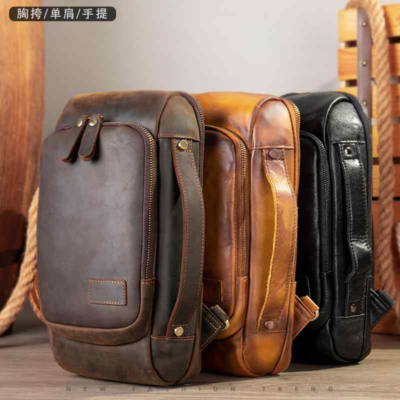 バッグ 最上層 牛革 チェスト ショルダー クロス ボディバッグ チェスト 大容量 サイクリング レザー レジャー 旅行 通勤 アウトドア