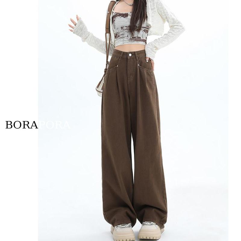 パンツ デニム レディース 春 ハイウエスト ワイド レッグ ジーンズ 女性 アメリカン ダークブラウン ストレート スリム フルレングス