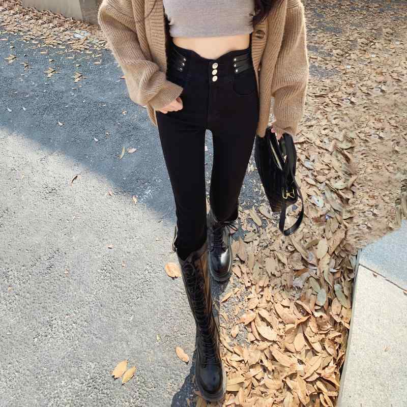 パンツ デニム レディース スーパーハイウエ スト 裾細 ジーンズ 女性 春秋 黒 タイト 弾性 スリム ペンシル