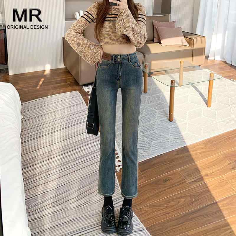 デニムパンツ レディース スタイリッシュ セメント グレー ハイウエスト ストレート ジーンズ 女性 春 九分丈 多目的 スリム ストレッチ バゲット シガレットパンツ