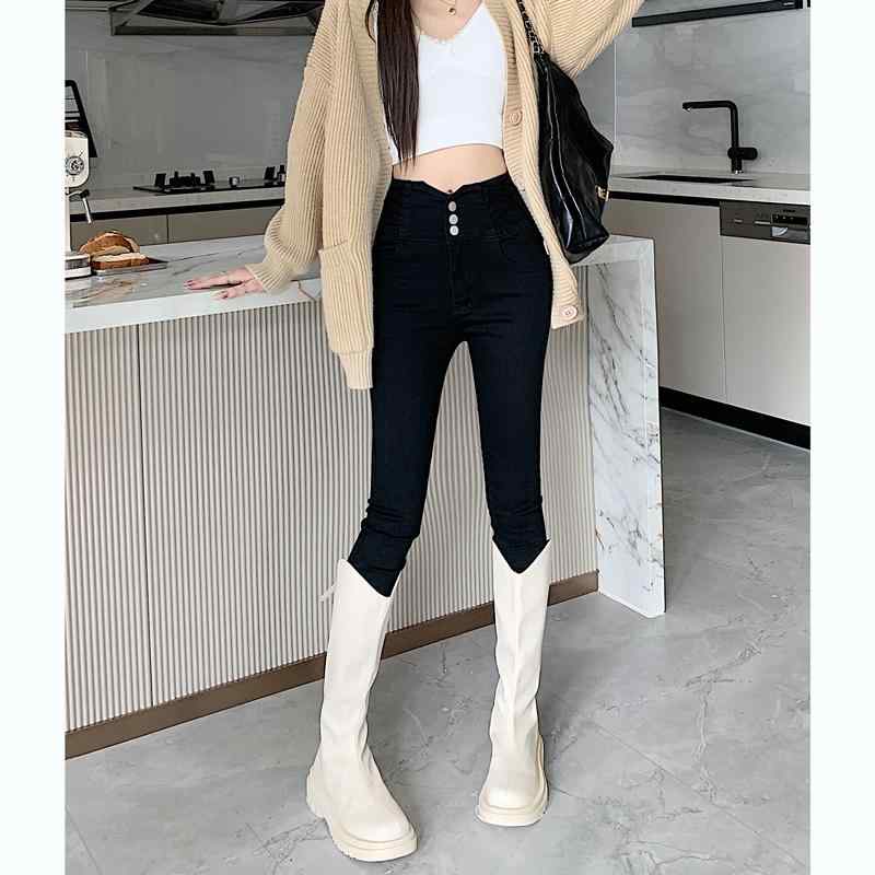 パンツ デニムパンツ レディース スタイリッシュ 秋 女性用 ハイウエスト スキニー ジーンズ アメリカン ボタン スリムフィット 弾性 クロップド