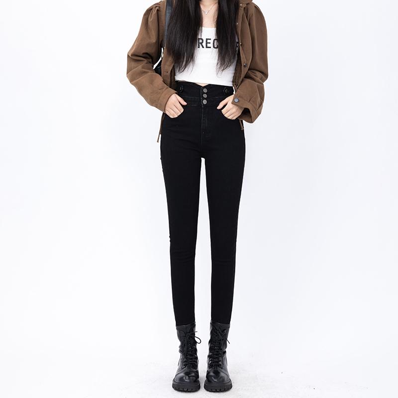 パンツ デニムパンツ レディース スタイリッシュ 秋 女性 黒 スキニー ジーンズ レトロ ハイウエスト スリム 足首細 厚手 ペンシル