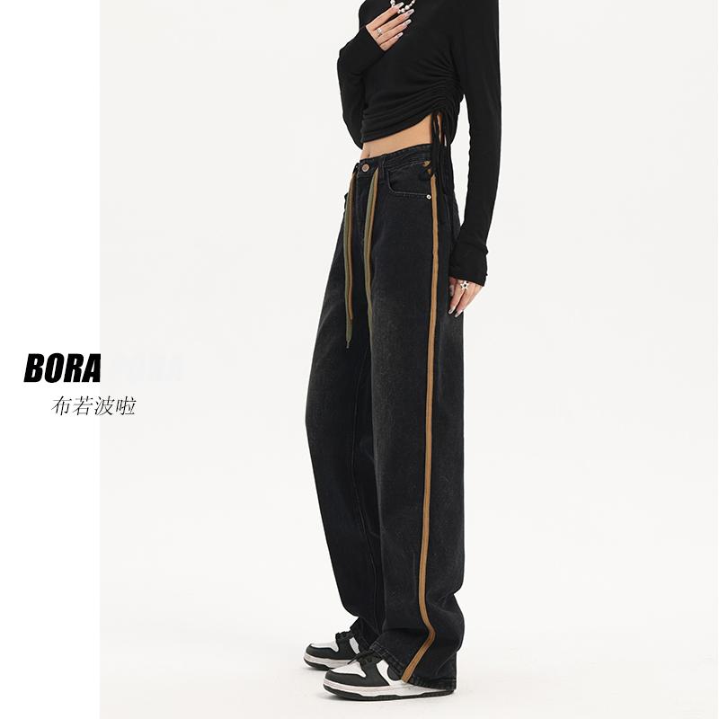 パンツ デニムパンツ レディース 女性 黒 ワイド レッグ ジーンズ 春秋 ドレープ ハイウエスト ストレート スリミング カジュアル フロアレングス