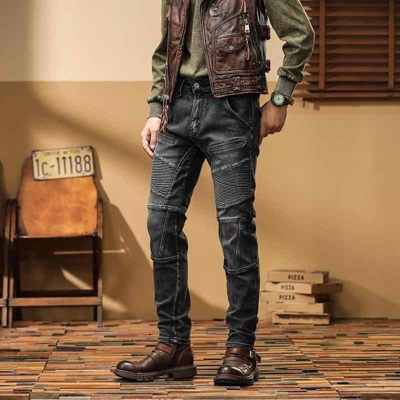 パンツ デニムパンツ カジュアル メンズ アメリカ ストリート モーター サイクル ジーンズ スプライシング 秋冬 伸縮性 スリムフィット スキニー ロング