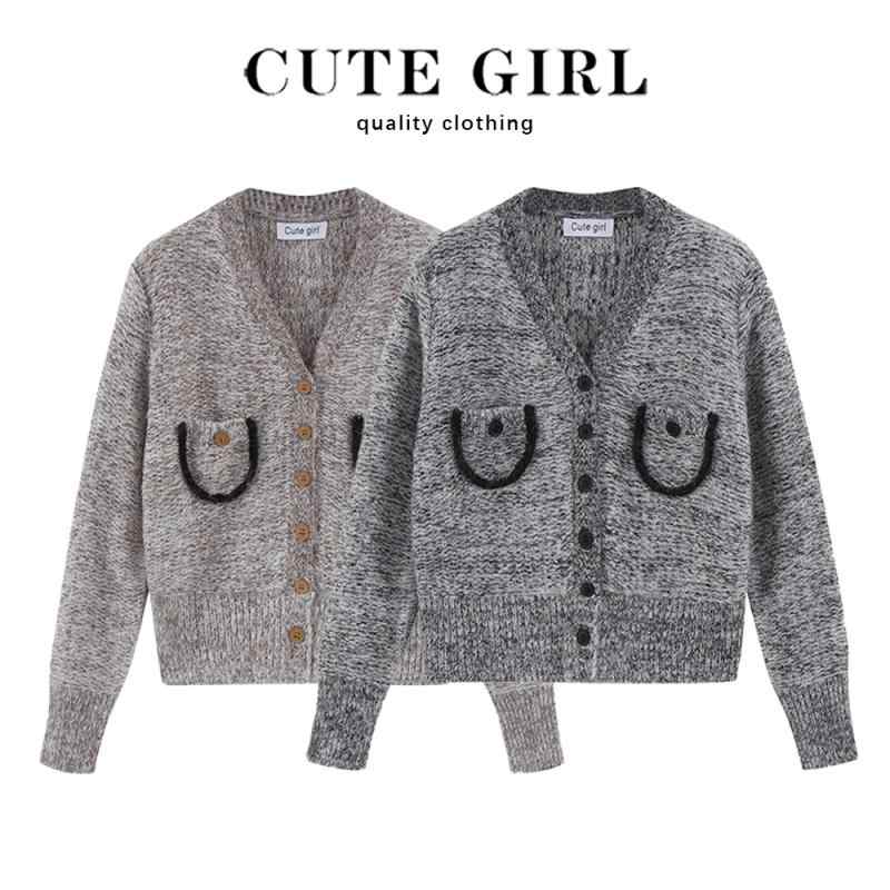 トップス ジャケット レディース セーター カレッジ ガーリー 大人かわいい 女性用 グレー Vネック セーター 春秋 ニットカーディガン