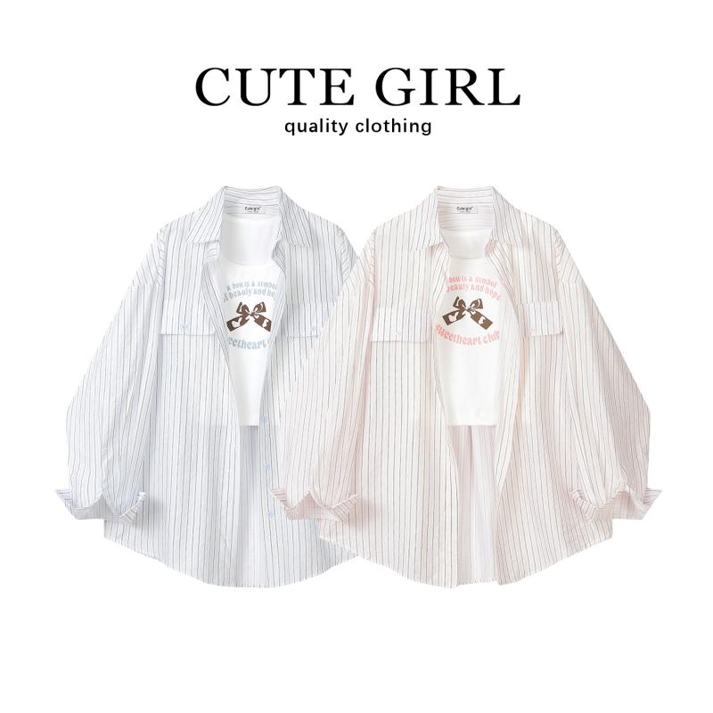 シャツ レディース ファッション カジュアル 韓国 縦縞 ピンク 日焼け防止 女性 夏 インナー プリント ベスト ツーピース スーツ
