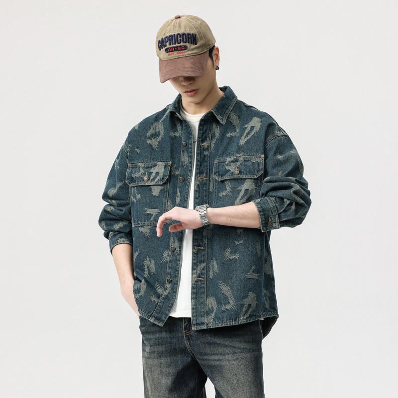 トップス ジャケット デニム ジャケットメンズ アウトドア ハイエンド レトロ ジャカード デニムシャツ ストリート カジュアル 春秋 カジュアル