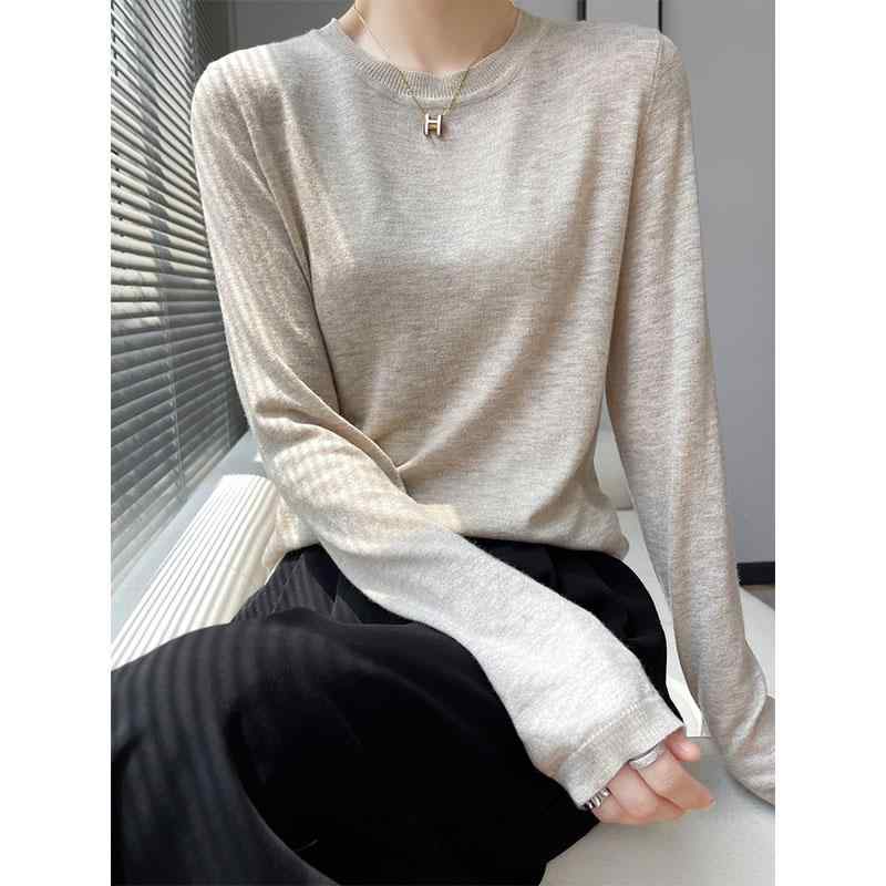 トップス シャツ レディース セーター カジュアル 女性 薄手 ラウンドネック セーター 春秋 ソリッドカラー 長袖 Tシャツ ニット ウール