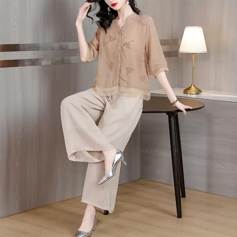 パンツ レディース ファッション ミセス 婦人服 薄手 綿 リネン スーツ夏 ワイド 妻 ワイドレッグ 2点 セット