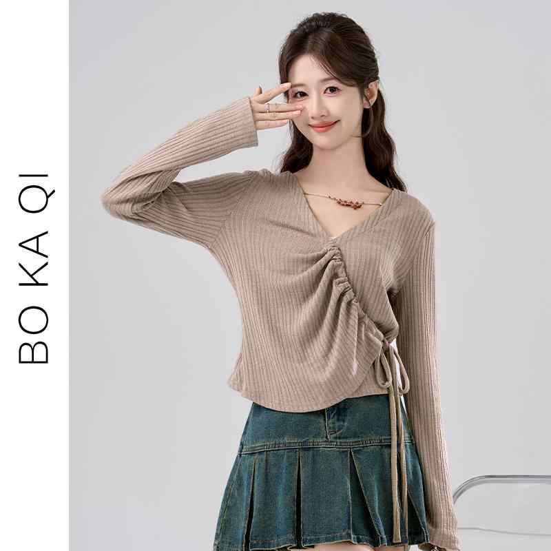 シャツ トップス レディース ファッション 春秋 Vネック 不規則 ニット セーター 女性 ガーリー カレッジ おしゃれ 長袖