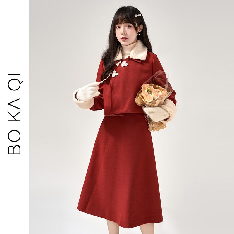 ジャケット スカート レディース ファッション 秋冬 エスニック 毛皮 襟 プレート ボタン ショート 女性 ガーリー カレッジ 小さい フレグランス