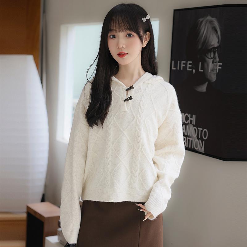 レディース ファッション 秋冬 ホーンボタン フード付き セーター 女性 ガーリー カレッジ ルース ソフト ワックス ショート セーター プルオーバー