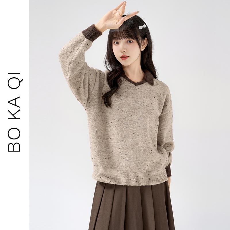ジャケット レディース ファッション 秋冬 レトロ 対照的 色 プルオーバー セーター 女性 ガーリー カレッジ ゆったり 多目的 セーター 6,032円