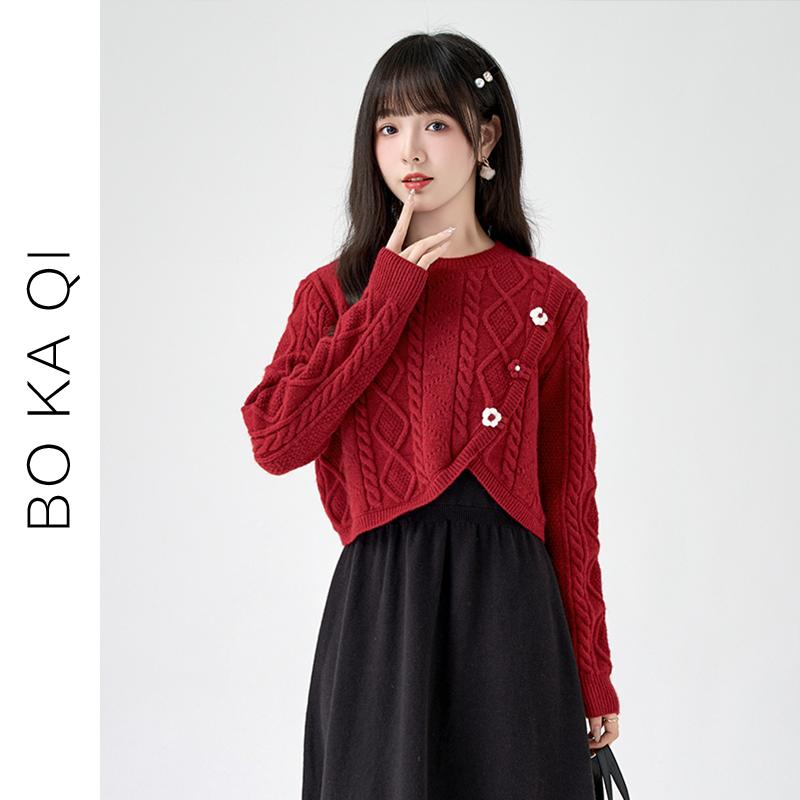 レディース ファッション 秋冬 ラウンドネック 不規則 糸 ニット セーター 女性 ガーリー カレッジ 赤 ショート セーター｜セキュアデポ