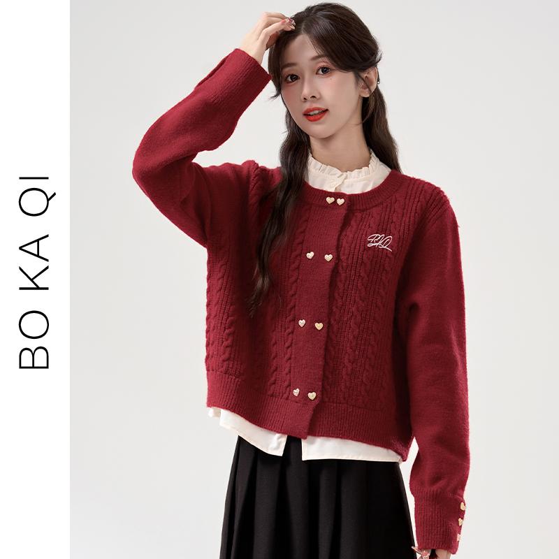 レディース ファッション 冬 大晦日 刺繍 フェイク ツーピース セーター 女性 ガーリー カレッジ ショート カーディガン 赤い セーター