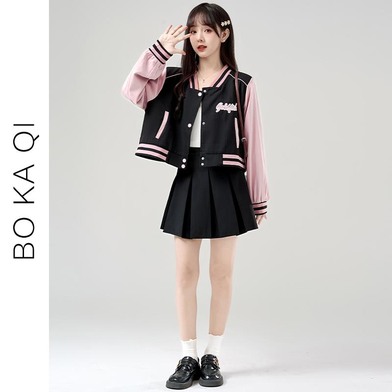 ジャケット スカート レディース ファッション 春秋 野球 ユニフォーム ショート 女性 ガーリー カレッジ 黒 プリーツ a ライン